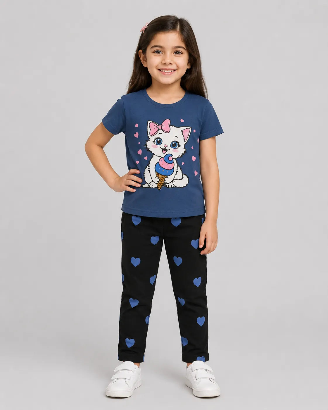 Sweet Kitty Ice Cream Girls Pajama Set - Blue & Black