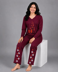 Women V-Neck Lounge Wear | Red Butterfly - Maroon