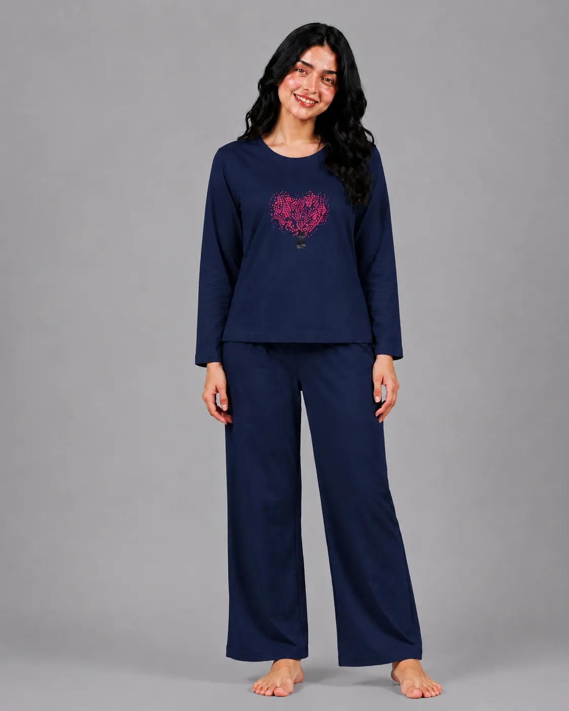 Women Round-Neck Lounge Wear | Tree Heart - Navy Blue