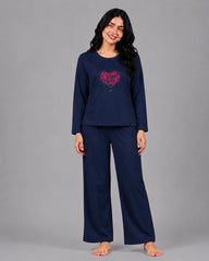 Women Round-Neck Lounge Wear | Tree Heart - Navy Blue