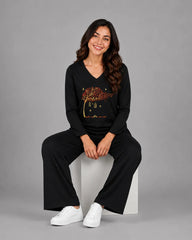 Women V-Neck Lounge Wear | Spring Tree - Black
