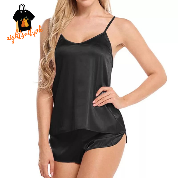 Black Women Satin Pajamas Sets Short Sling Top with Cami Shorts