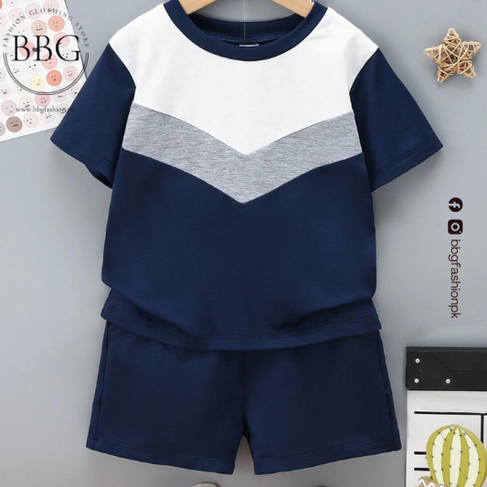 Blue Grey Panel Kids Short Sleeve Kids Wear