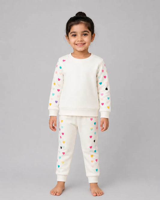 Colourful Heart Printed Sweatshirt Set | white
