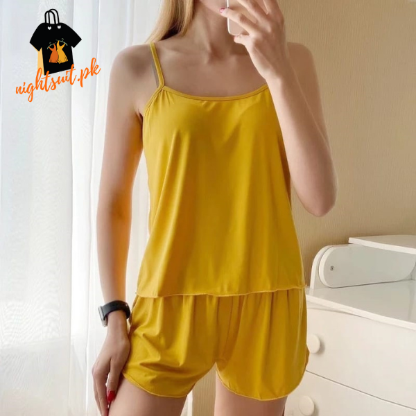 Yellow Women Satin Pajamas Sets Short Sling Top with Cami Shorts