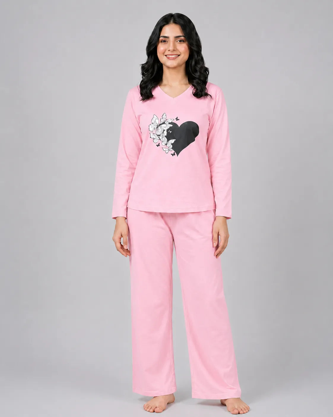 Women V-Neck Lounge Wear | Black Heart - Baby Pink