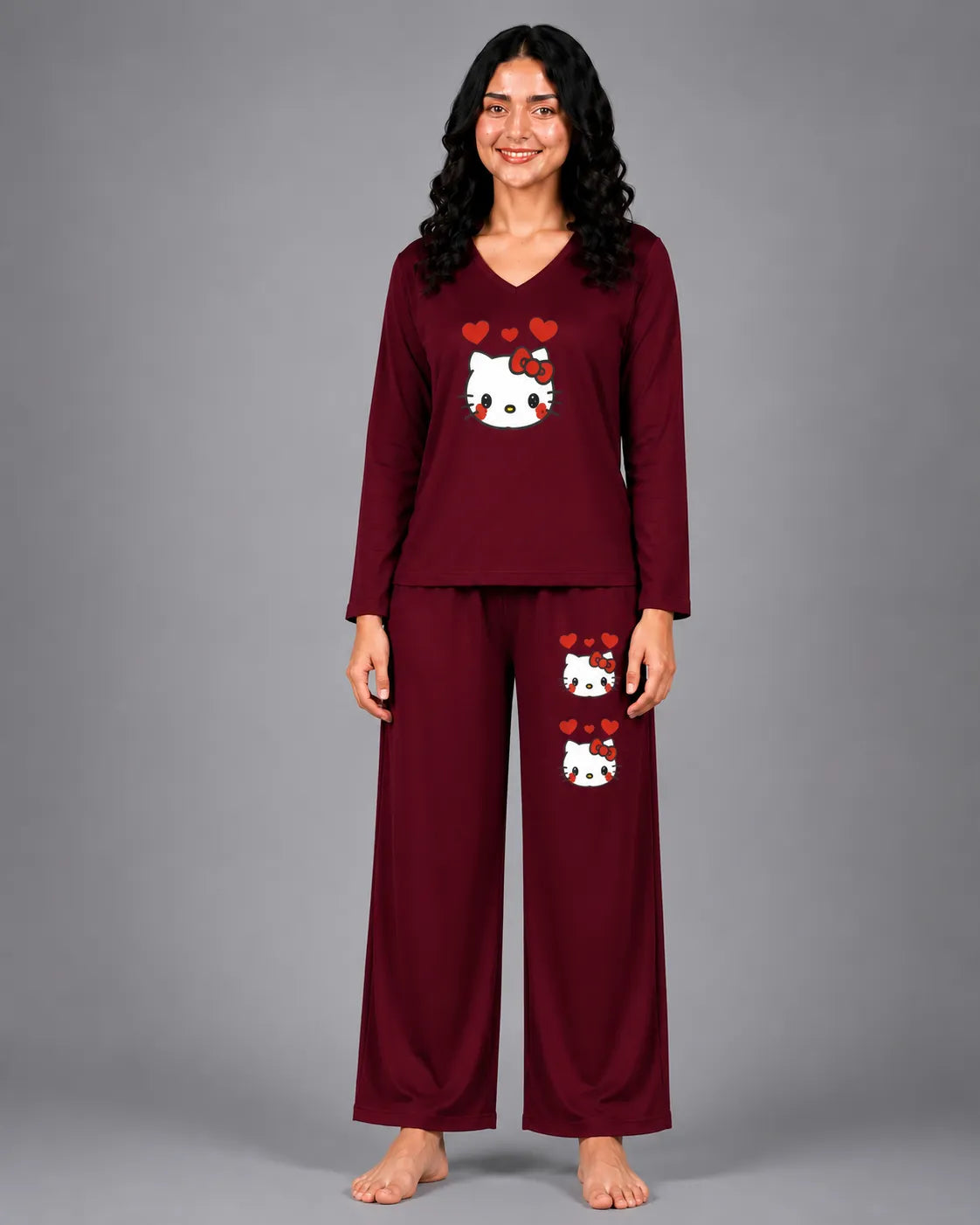 Women V-Neck Lounge Wear | Hello Kitty - Maroon