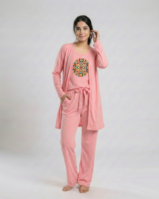 Women's 3 Pieces Night Suit - Multi Pattern | Baby Pink
