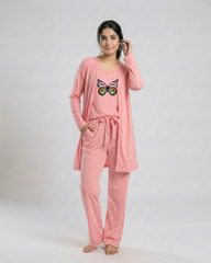 Women 3 Pieces Night Suit - Rainbow Butterfly | Baby Pink