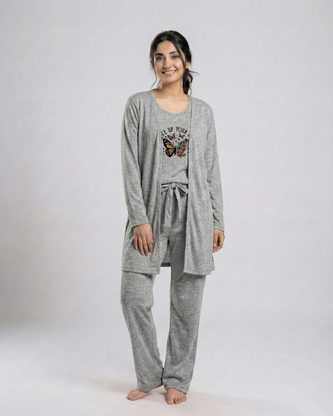 Women 3 Pieces Night Suit - Never Give Up | Grey