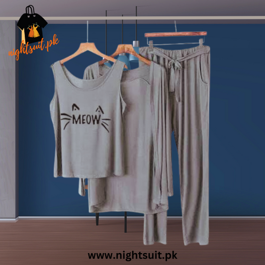 Grey White Meow Women Night Suit PJ 3 Pieces Set