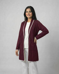 Maroon Front Open Long Coat Dual Pockets Jacket