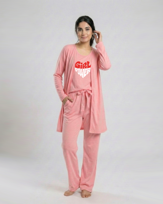 Women 3 Pieces Night Suit - Girl Power | Pink