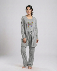 Women 3 Pieces Night Suit - Colored Butterfly | Grey