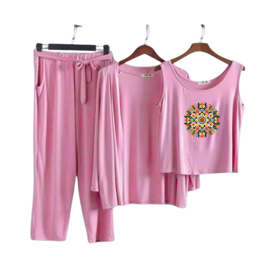 Multi Pattern Women Night Suit 3 Pieces Set