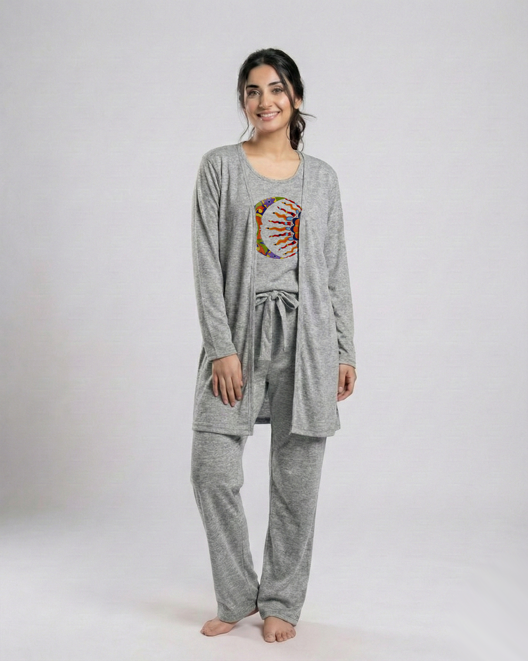 Women 3 Pieces Night Suit - Moon & Sun | Grey