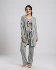 Women 3 Pieces Night Suit - Moon & Sun | Grey