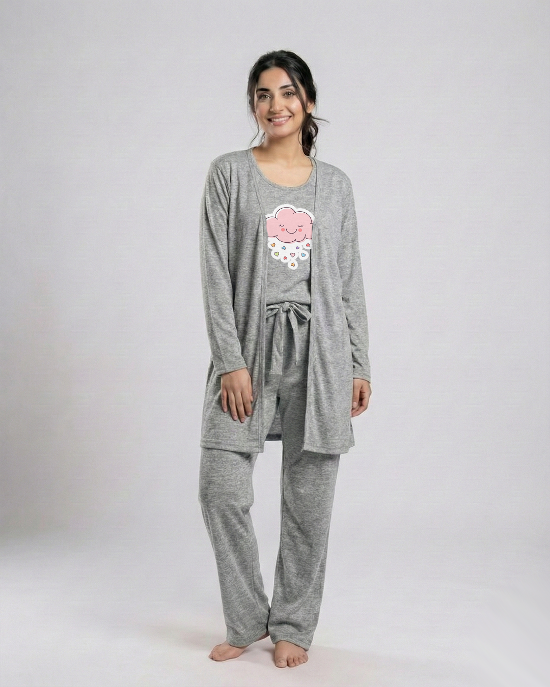 Women 3 Pieces Night Suit - Pink Cloud | Grey