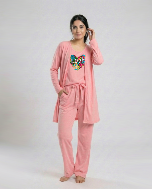 Women 3 Pieces Night Suit - Love Color | Baby Pink