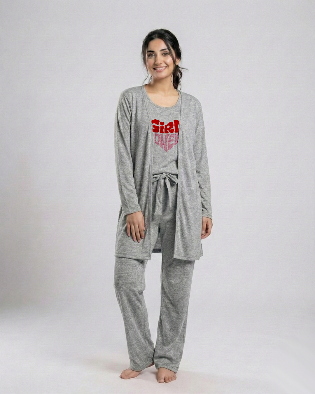 Women 3 Pieces Night Suit - Girl Power | Grey