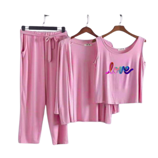 Multi Love Women Night Suit 3 Pieces Set