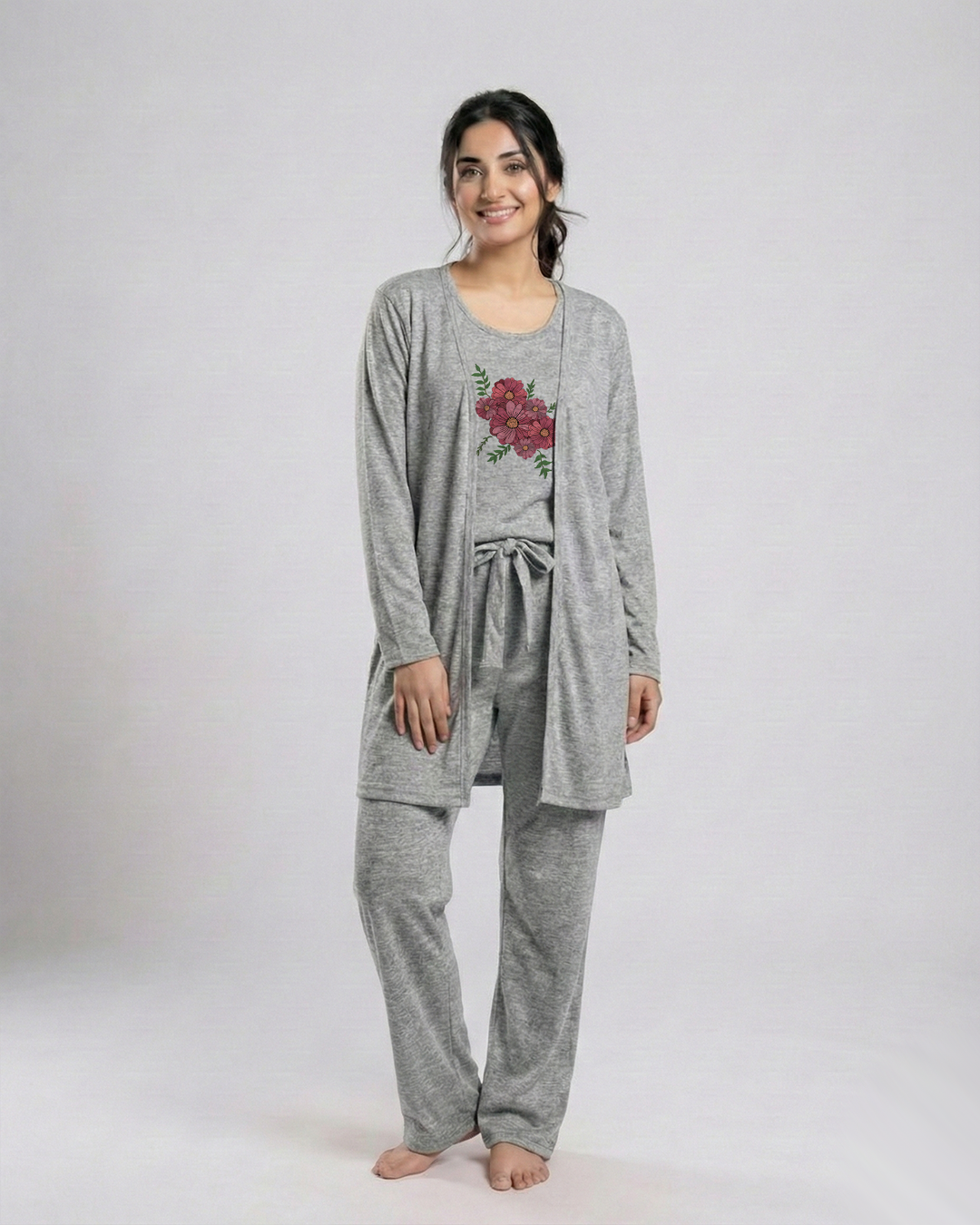 Women 3 Pieces Night Suit - Flower | Grey