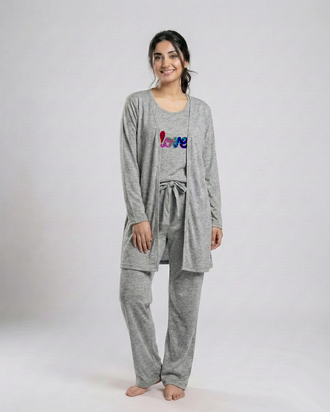 Women 3 Pieces Night Suit - Multi Love | Grey