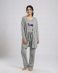 Women 3 Pieces Night Suit - Multi Love | Grey