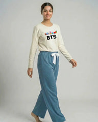 Women Premium 2 Piece Lounge Set | BTS + Cartoons - White & Blue