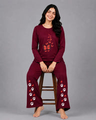 Women Round-Neck Lounge Wear | Red Butterfly - Maroon