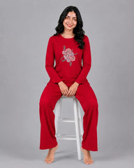 Women Round-Neck Lounge Wear | Flower - Red
