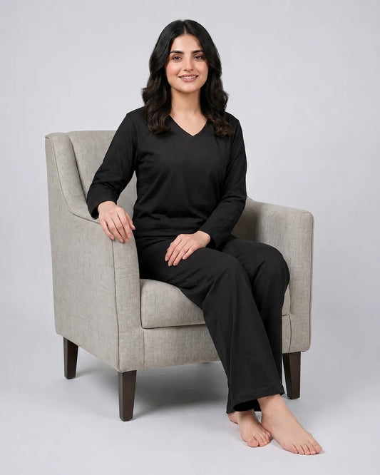 Women V Neck Lounge Wear - Black