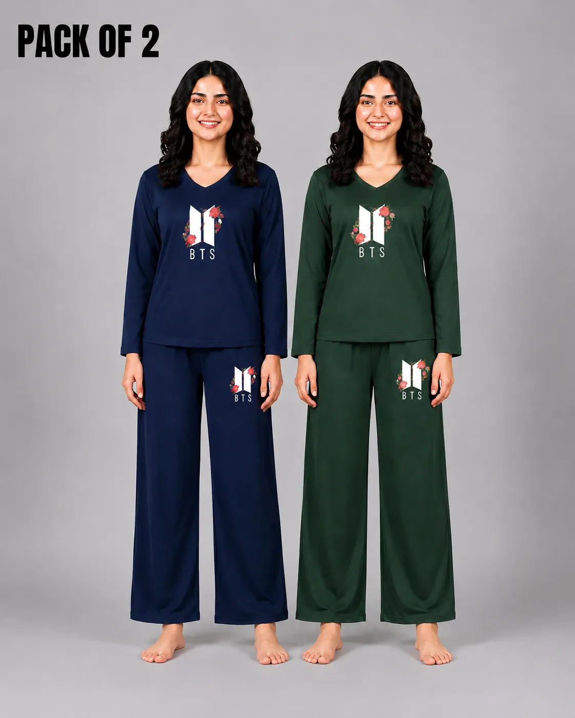 Pack Of 2 Women V-Neck Lounge Wear | BTS Flower - Navy & Sherwood