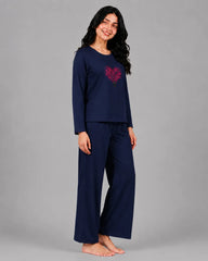 Women Round-Neck Lounge Wear | Tree Heart - Navy Blue