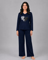 Women V Neck Lounge Wear | Black Heart - Navy Blue