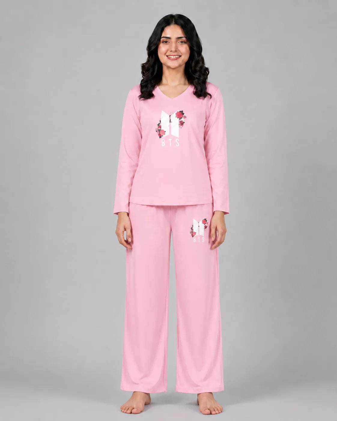 Women V-Neck Lounge Wear | BTS Flower - Baby Pink