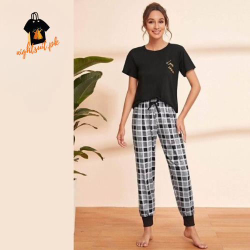 Letter Print T-shirt Pajama Set with Plaid Pants