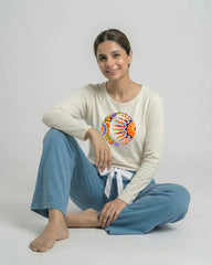 Women Premium 2 Piece Lounge Set | Moon & Sun - White & Blue