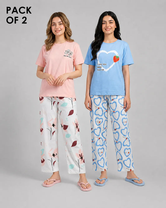 Pack Of 2 Women Pajama Set | Rosy Blossom, Azure Heart