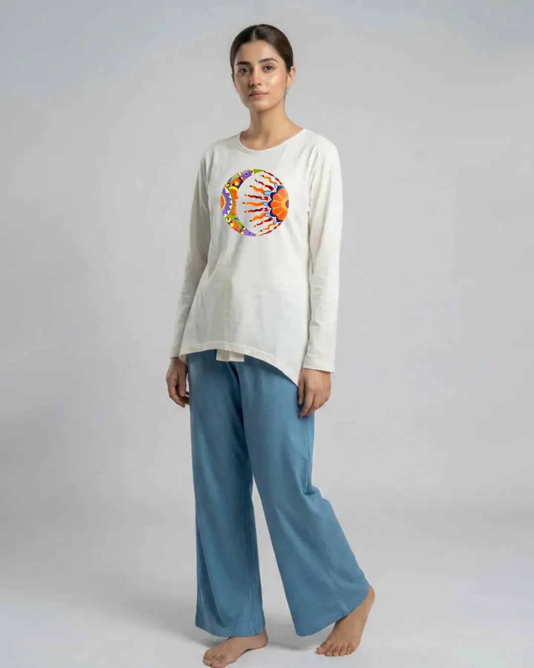 Women Premium 2 Piece Lounge Set | Moon & Sun - White & Blue