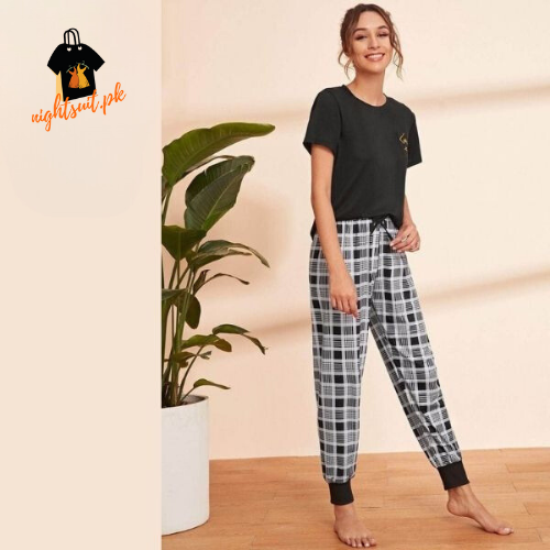 Letter Print T-shirt Pajama Set with Plaid Pants