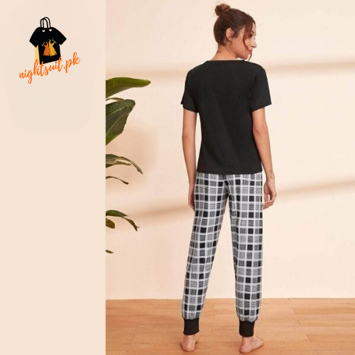 Letter Print T-shirt Pajama Set with Plaid Pants