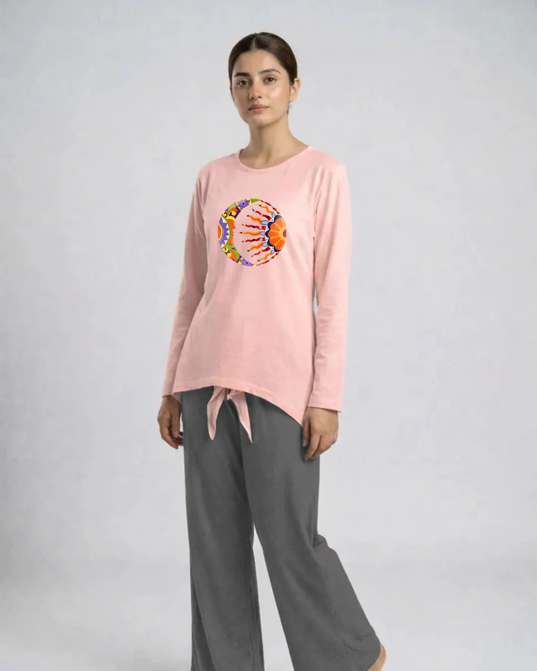 Women Premium 2 Piece Lounge Set | Moon & Sun - Pink & Grey