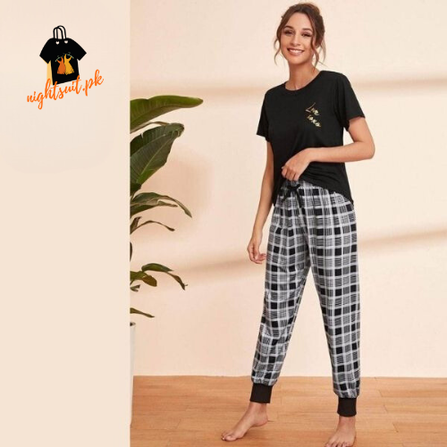 Letter Print T-shirt Pajama Set with Plaid Pants