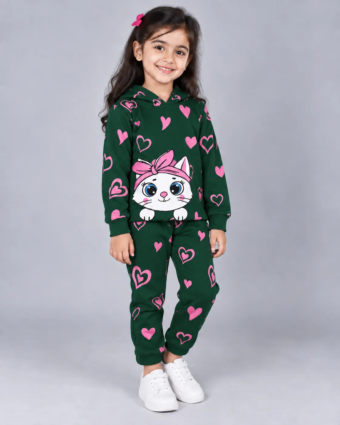 Heart Kitty Hoodie Set - Dark Green