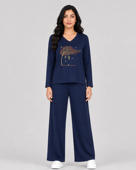 Women V-Neck Lounge Wear | Spring Tree - Navy Blue