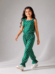 Girls Green Polka Dot Sleeveless Jumpsuit