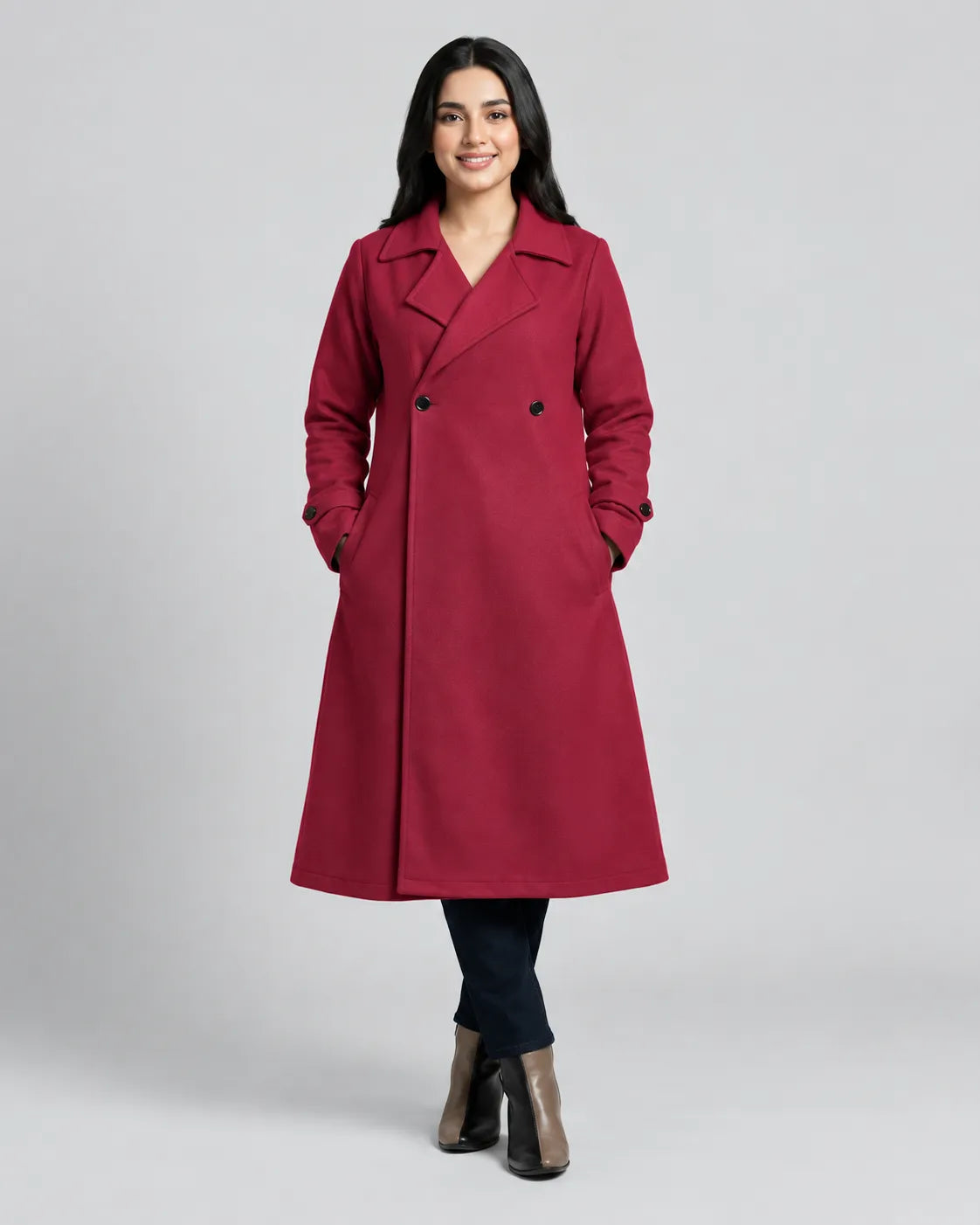 Women’s Burgundy Long Fleece Winter Coat