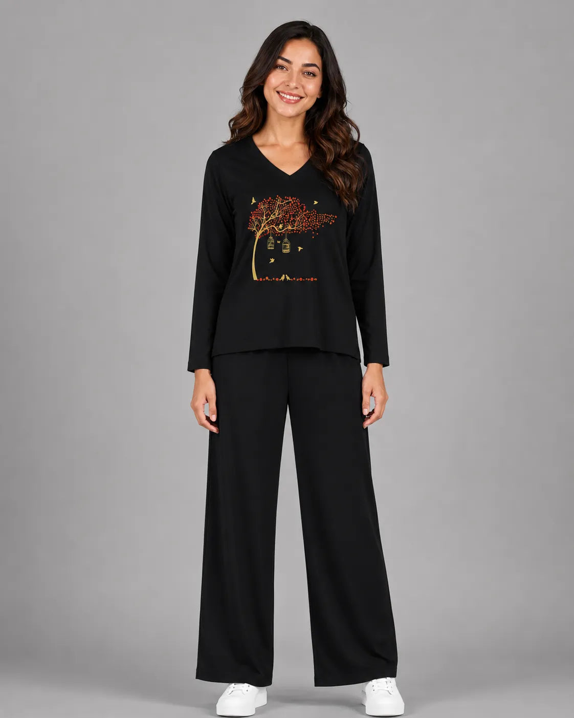 Women V-Neck Lounge Wear | Spring Tree - Black