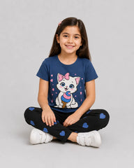 Sweet Kitty Ice Cream Girls Pajama Set - Blue & Black